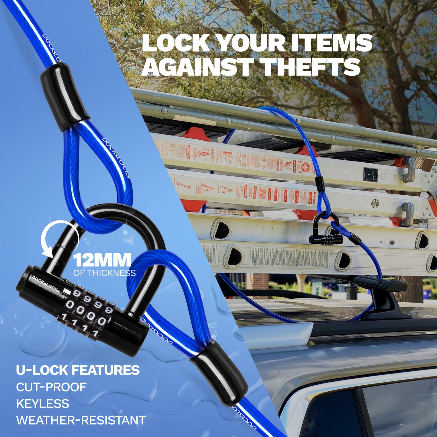 DocksLocks® Anti-Theft Weatherproof Straight Security Cable with Looped Ends and Short Shackle U-Lock (5', 10', 15', 20' or 25')