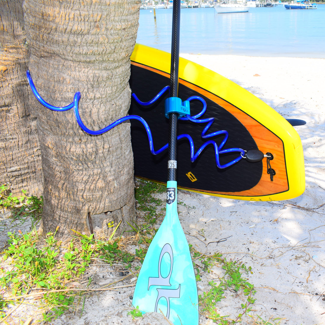 DocksLocks coiled security cable locking a SUP paddleboard