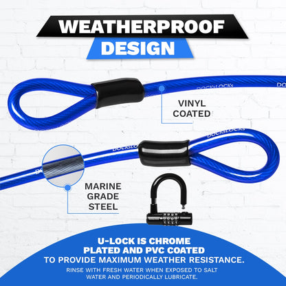 DocksLocks® Anti-Theft Weatherproof Straight Security Cable with Looped Ends and Short Shackle U-Lock (5', 10', 15', 20' or 25')
