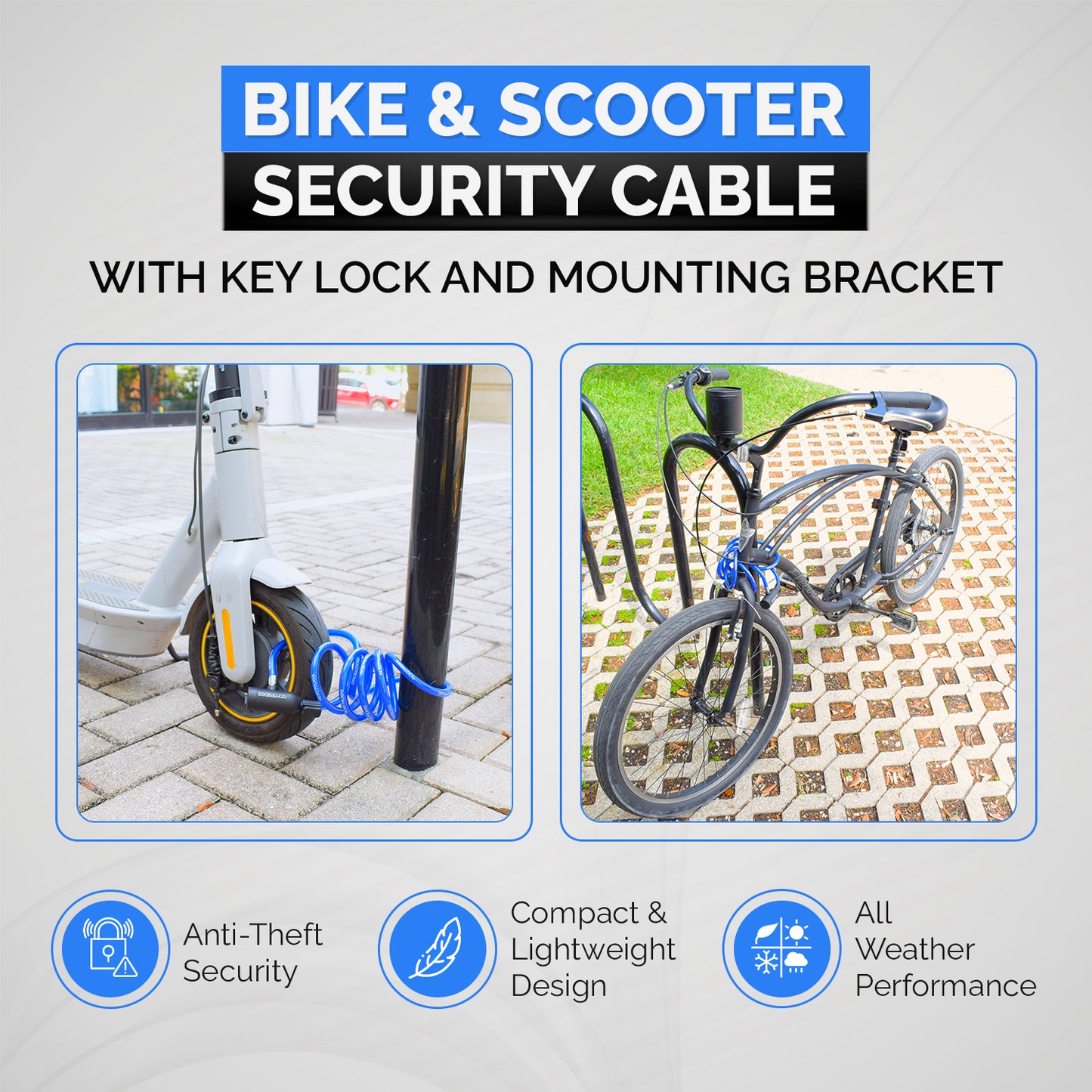 DocksLocks® Bike and Scooter Coiled Security Cable with Key Lock and Mounting Bracket (4' or 6')