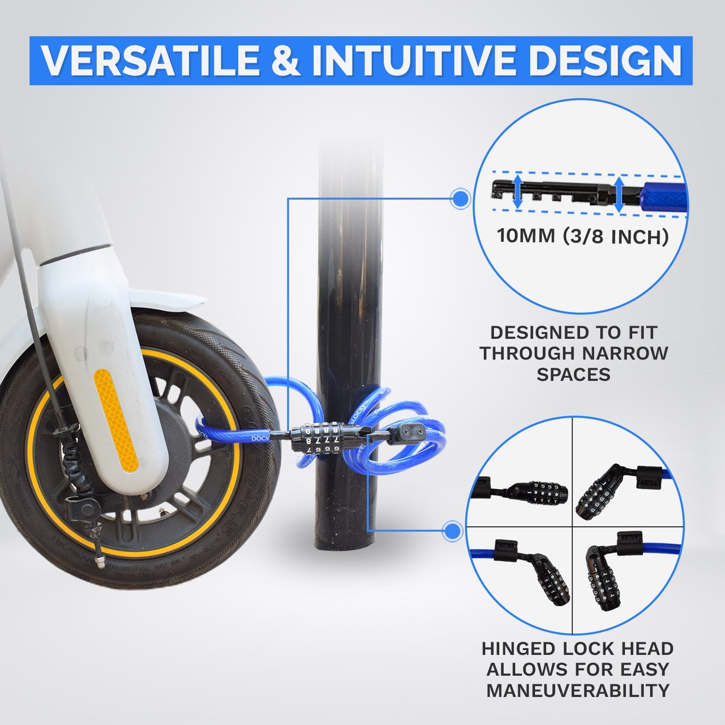 DocksLocks® Bike and Scooter Coiled Security Cable Lock with Resettable Combination and Mounting Bracket (4' or 6')