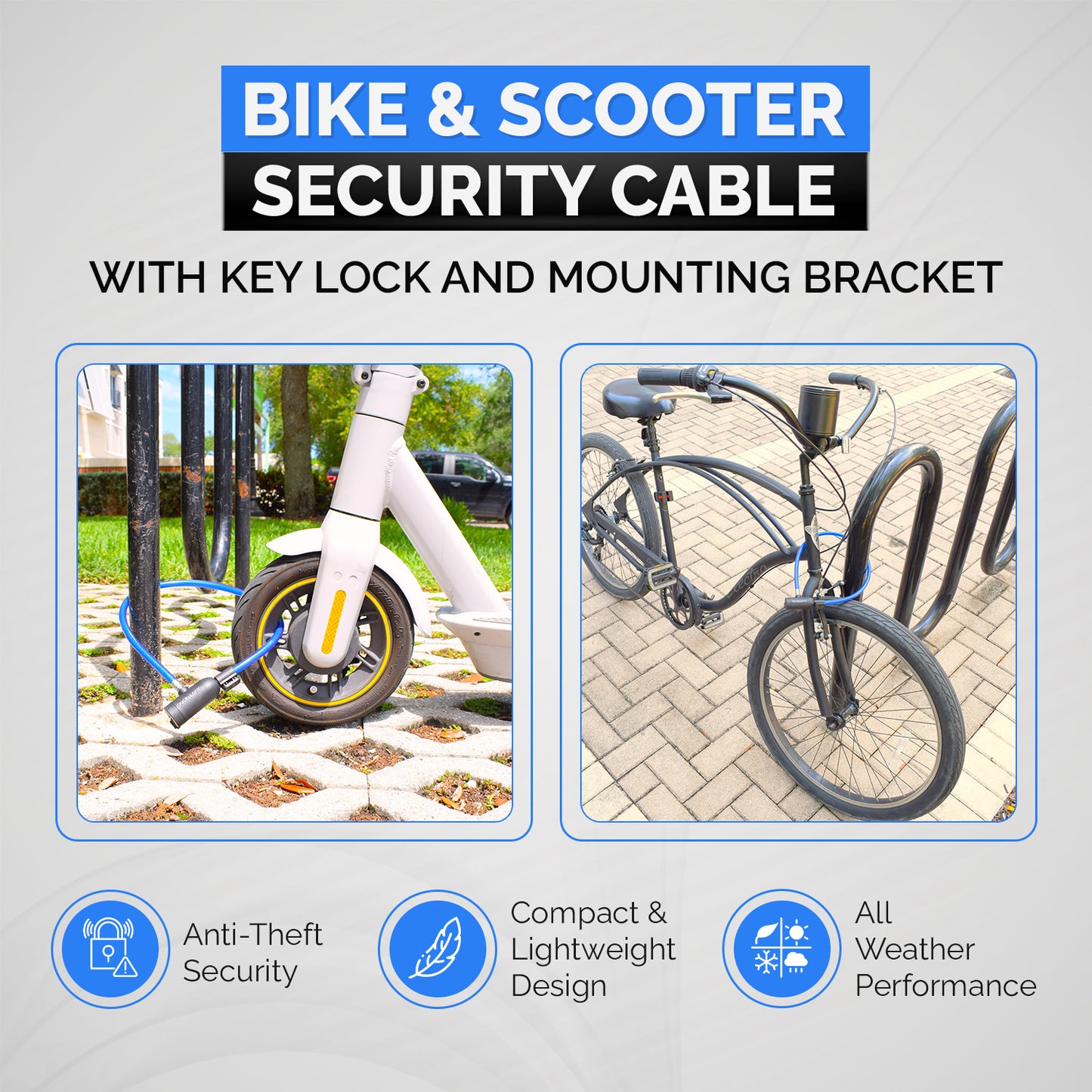 DocksLocks® Bike and Scooter Straight Security Cable Lock with Key Lock and Mounting Bracket (2' or 4')