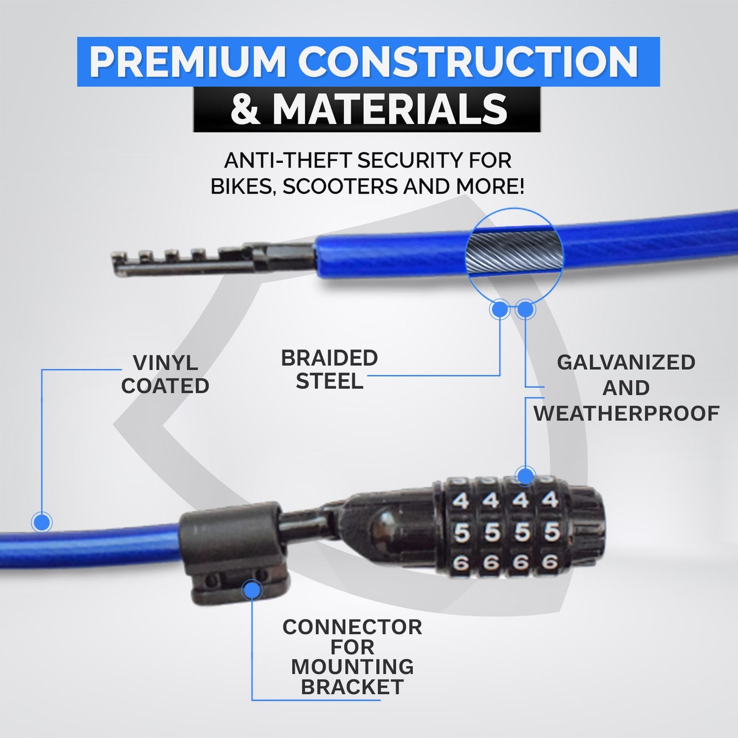 DocksLocks® Bike and Scooter Straight Security Cable Lock with Resettable Combination and Mounting Bracket (2' or 4')