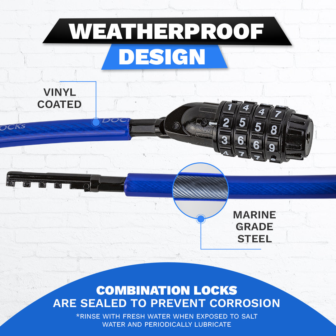 DocksLocks® Anti-Diebstahl, wetterfestes, gerades Sicherheitskabel mit rücksetzbarem Kombinationsschloss (5', 10', 15', 20' oder 25')