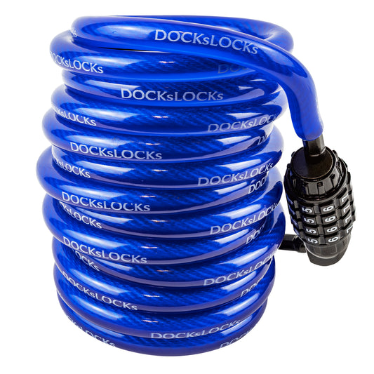 Câble de sécurité spiralé antivol DocksLocks® résistant aux intempéries avec cadenas à combinaison réinitialisable (5', 10', 15', 20' ou 25')