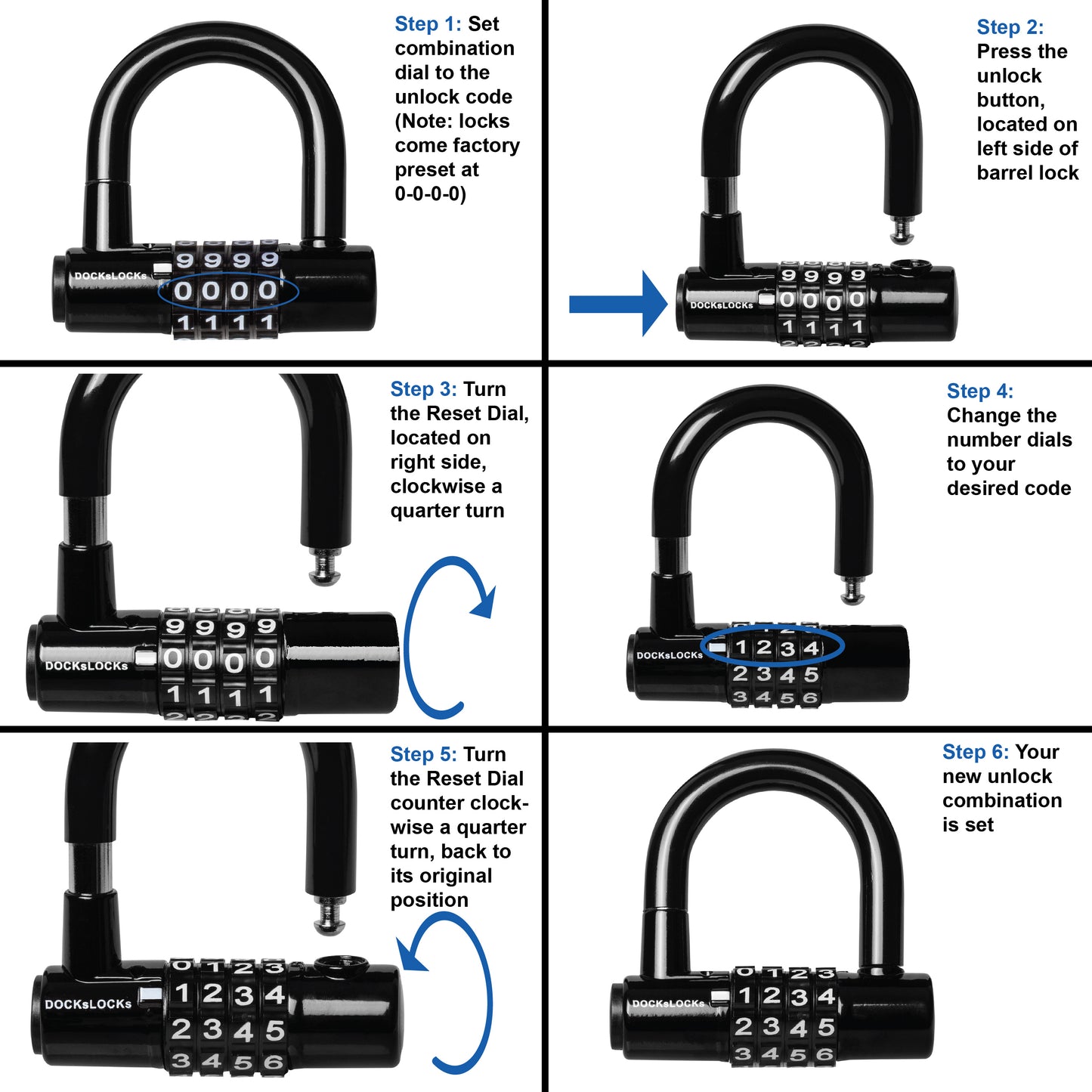 Câble de sécurité enroulé antivol DocksLocks® résistant aux intempéries avec extrémités en boucle et cadenas en U à anse courte (5', 10', 15', 20' ou 25') 