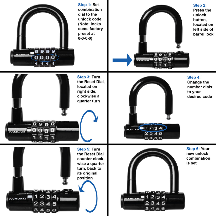 Câble de sécurité droit antivol DocksLocks® résistant aux intempéries avec  cadenas à combinaison réinitialisable (5', 10', 15', 20' ou 25')